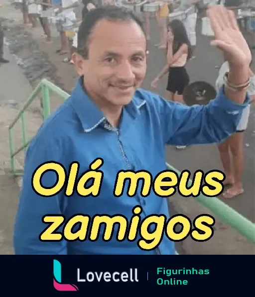 Figurinha do Manoel Gomes, famoso pelo meme Caneta Azul, acenando e dizendo 'Olá meus zamigos'.