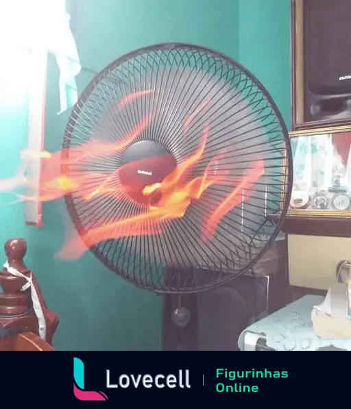 Ventilador preto de mesa em um quarto com as pás iluminadas em vermelho-laranja, simulando efeito de fogo. Movimento rápido, criação de ilusão de calor extremo.