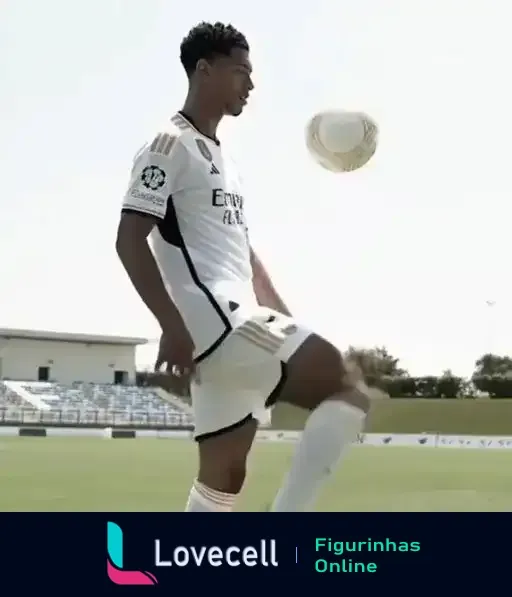 Animação de Bellingham, jogador de futebol, dominando a bola em campo. Detalhe do uniforme do Real Madrid e logo da Champions League.