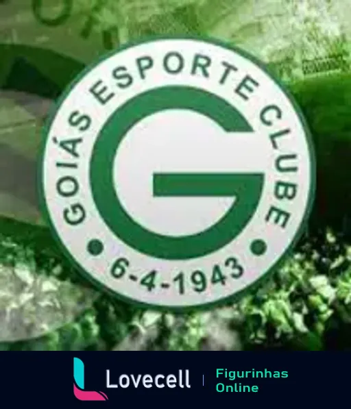 Escudo do Goiás Esporte Clube com a letra 'G' em verde, data de fundação '6-4-1943' e o nome completo ao redor, em fundo com nuances de verde