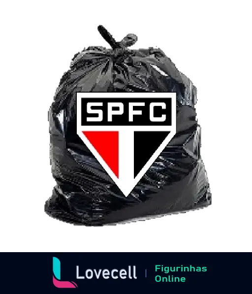 Montagem humorística com saco de lixo preto e logotipo do São Paulo Futebol Clube, sugerindo crítica ao desempenho do time