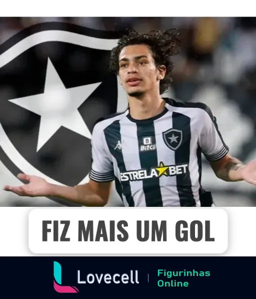 Figurinha de WhatsApp com jogador do Botafogo comemorando gol em campo, vestindo uniforme listrado, com texto 'Fiz Mais Um Gol'