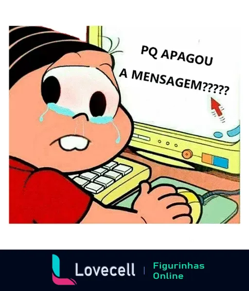 Figurinha de WhatsApp mostrando personagem de desenho animado chorando e frustrado em frente a um computador, perguntando 'PQ APAGOU A MENSAGEM????' com lágrimas nos olhos por uma mensagem deletada