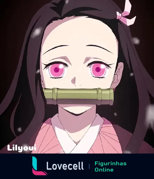 Figurinha da personagem Nezuko Kamado, de olhos rosa e bocal de bambu, do anime. Fundo escuro e projeto ilustrado. Arte de Lilyoui.