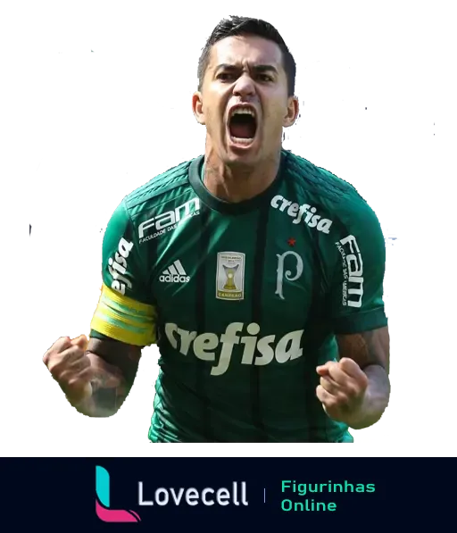 Figurinha de jogador do Palmeiras comemorando gol, vestido com uniforme verde, logo da Adidas visível, expressão de emoção e determinação