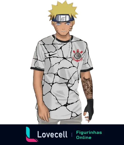 Personagem Naruto usando uma camisa do Corinthians com design craquelado, faixa na cabeça e tatuagem no braço