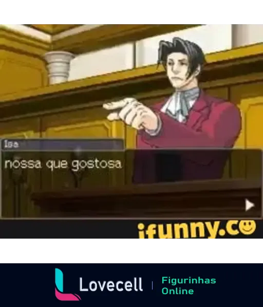 Personagem de jogo em tribunal com terno vermelho apontando e dizendo 'nossa que gostosa'. Meme pesado relacionado à cultura pop.