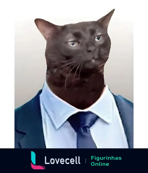 Figurinha de gato empresário sério com traje formal, camisa branca e gravata azul, pronto para reunião de negócios