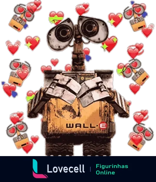 Figurinha do WALL-E rodeado por emojis de corações e mãos robóticas segurando corações, expressando doçura e ternura