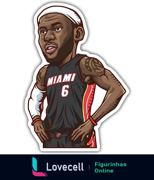 Caricatura de jogador de basquete vestindo a camisa do Miami com o número 6, parte da coleção Lebron James stickers.