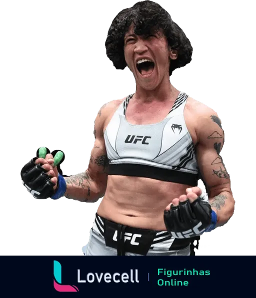 Virna Jandiroba com expressão de vitória no UFC, vestindo top e shorts esportivos com logo UFC, no octógono