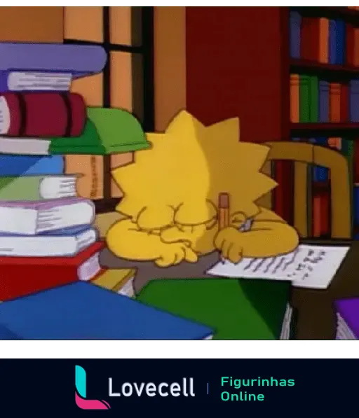 Lisa Simpson dormindo em cima dos livros depois de uma longa sessão de estudos, representando o cansaço e a tristeza.