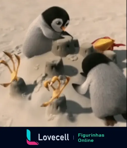 GIF animada dos personagens de Joao Frango Animadas interagindo com pinguins em uma praia. Os pinguins estão construindo algo na areia enquanto o personagem frango observa curioso e exibe expressões divertidas.