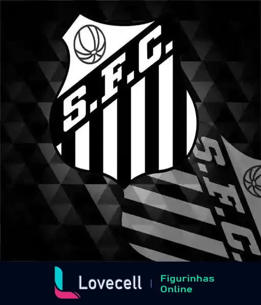 Escudo do Santos Futebol Clube com listras pretas e brancas, sigla S.F.C. e desenho estilizado de uma bola de futebol em fundo geométrico cinza