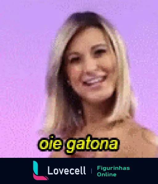 Gif de mulher loira sorridente dizendo 'oie gatona' em fundo roxo, comemorando Feliz Aniversário da Andressa.