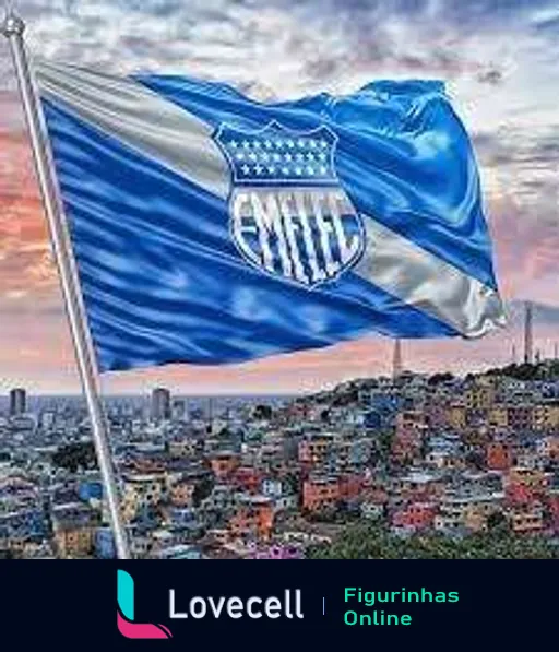 Bandeira do Emelec ondulando ao vento com cidade colorida ao fundo