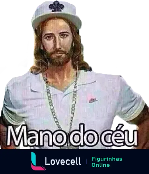 Figurinha com imagem estilizada de Jesus usando camiseta e boné de marinheiro, com a frase 'Mano do céu' expressando surpresa ou admiração