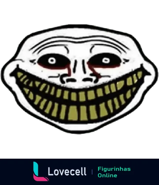 Figurinha do Troll Face da pasta 'Troll Face' com um sorriso sinistro e exagerado exibindo dentes amarelos e olhos grandes e assustadores.