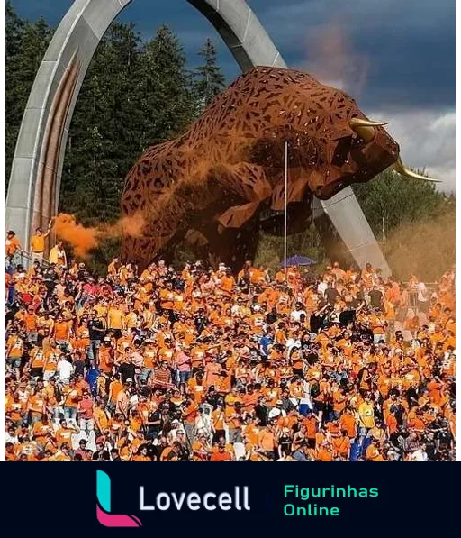 Multidão vestida de laranja sob grande urso de metal em evento ao ar livre da Red Bull, expressando entusiasmo e celebração