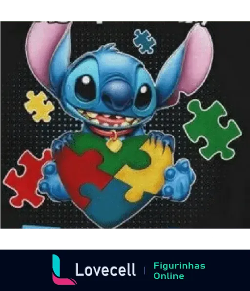 Ilustração de Stitch segurando um coração com peças de quebra-cabeça coloridas, simbolizando o autismo, com peças amarelas, verdes, vermelhas e azuis ao fundo.