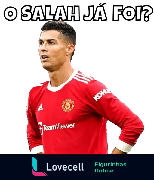 Figurinha de jogador de futebol do Manchester United em uniforme vermelho, parecendo questionar curiosamente: O Salah já foi?