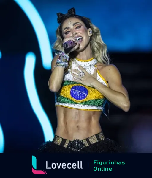 Cantora no palco com top da bandeira do Brasil segurando microfone e cantando