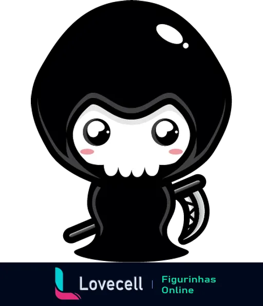 Figurinha de WhatsApp da pasta 'A morte', mostrando um desenho fofo e estilizado do Grim Reaper com olhos grandes e face sorridente.