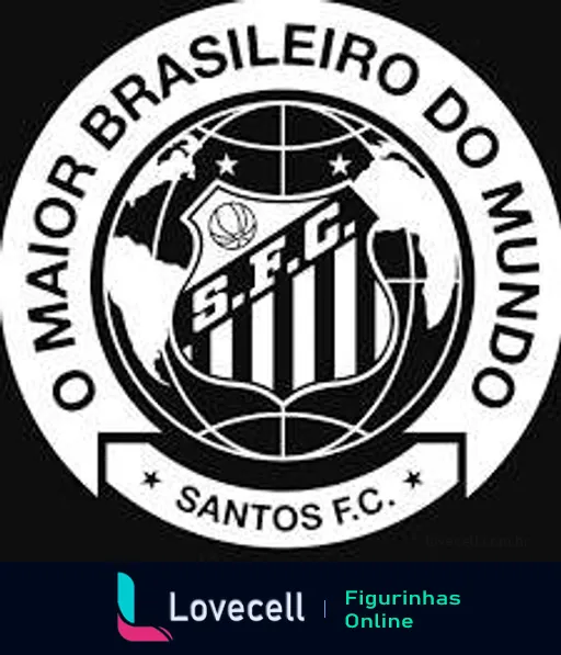 Escudo do Santos Futebol Clube com título 'O maior brasileiro do mundo', bola de futebol, silhuetas de peixes e inscrição 'Santos F.C.' ao redor