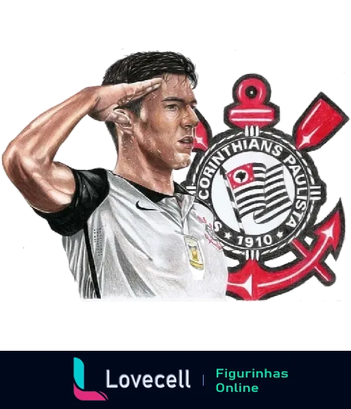 Figurinha de jogador do Corinthians saudando com uniforme, expressão focada e escudo do clube, em estilo artístico e detalhado