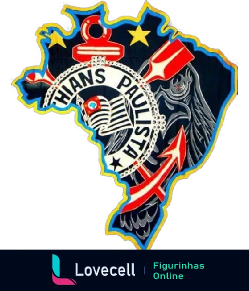 Figurinha do escudo do Corinthians combinado com o mapa de São Paulo, incluindo bandeira do estado, âncora e estrelas