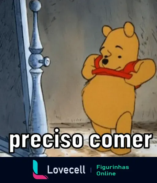 Ursinho Pooh segurando a barriga com expressão de fome e texto 'preciso comer' na parte inferior.