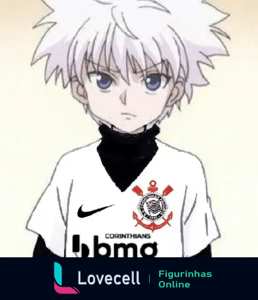 Imagem do personagem Killua, do anime Hunter x Hunter, vestindo uma camisa do Corinthians. Detalhe da camisa com logomarca do time e a palavra 'bmg'.