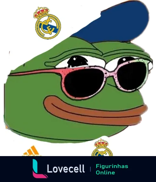 Pepe, o famoso personagem de meme, com uma expressão sorridente, usando óculos de sol e boné, cercado pelo logo do Real Madrid.