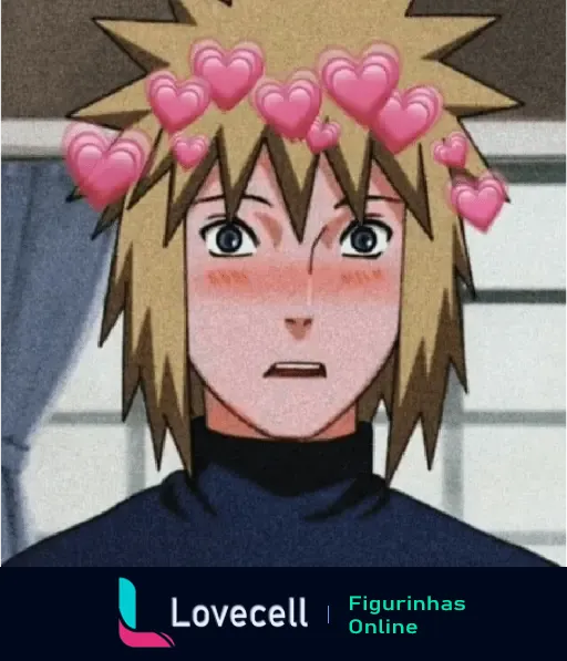 Minato Namikaze, personagem do anime Naruto, com expressão surpresa e bochechas coradas, cercado por corações rosas, da pasta Naruto Amor.