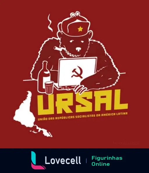 Ilustração de um urso com chapéu militar operando um laptop com o símbolo do comunismo, garrafa e copo ao lado, sobre mapa da América Latina e texto 'URSAL - União das Repúblicas Socialistas da América Latina'