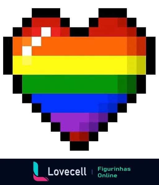 Figurinha de coração pixelizado com cores da bandeira LGBTQIA+ representando amor e inclusão