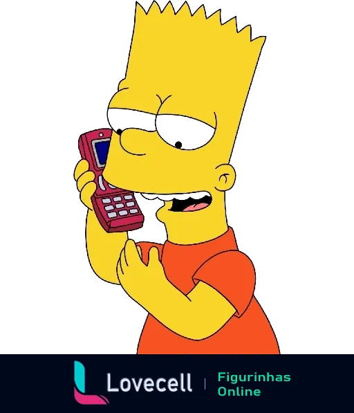 Bart Simpson segurando celular vermelho com expressão atenta, vestindo camiseta laranja