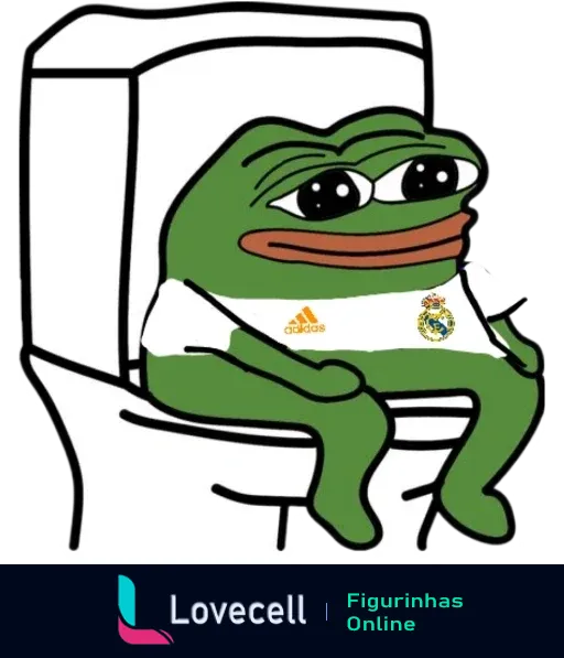 Desenho de um sapo verde sentado no vaso sanitário, vestindo uma camisa branca do Real Madrid. A expressão dele é de desânimo.