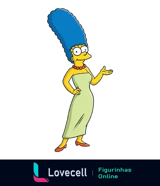 Marge Simpson elegante com vestido verde longo e cabelo azul alto, com pérola no pescoço na série Os Simpsons