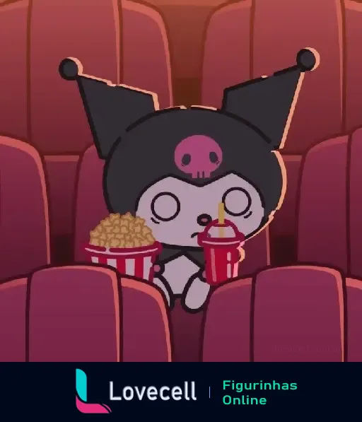 Kuromi sentado sozinho em um cinema vazio comendo pipoca e bebendo refrigerante. Parte da coleção KUROMI E HELLO KITTY.