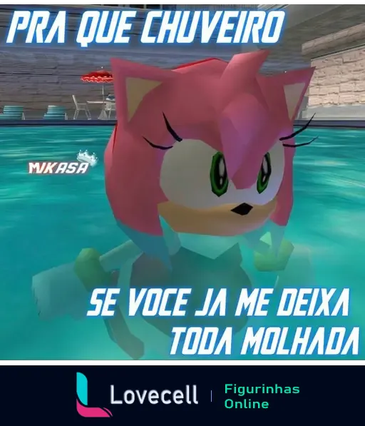 Imagem de uma personagem animada rosa com expressões faciais dentro de uma piscina. Texto na imagem: 'Pra que chuveiro se você já me deixa toda molhada'.