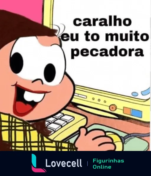 Personagem de desenho animado com expressão divertida ao lado de um computador, dizendo 'caralho eu to muito pecadora'.