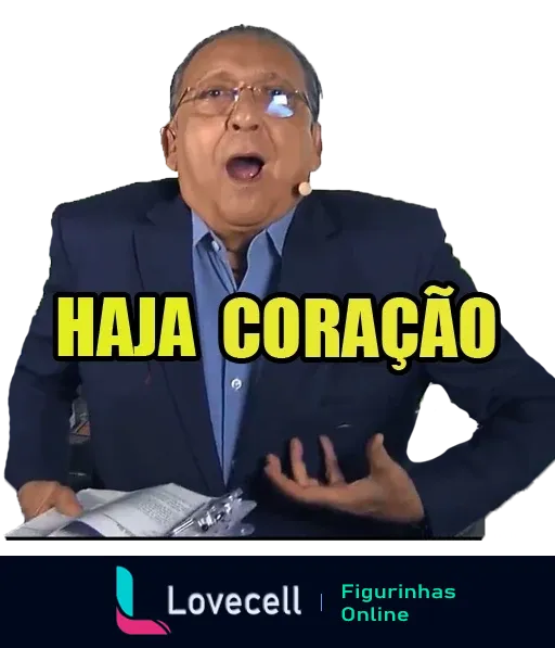 Homem de terno com expressão de surpresa segurando o peito e boca aberta, com texto 'HAJA CORAÇÃO' acima dele