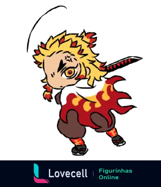 Figurinha do personagem Kyojuro Rengoku de Demon Slayer, em posição de ataque, com cabelo flamejante e espada desembainhada.