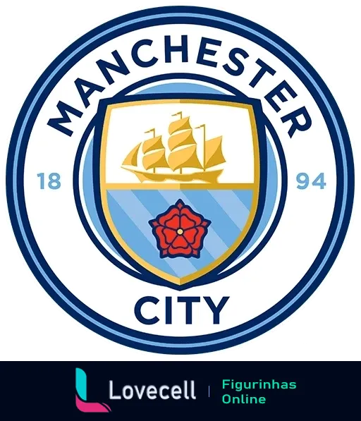 Escudo do Manchester City com navio dourado, rosa vermelha e datas 1894 e 2019 indicando fundação e relançamento