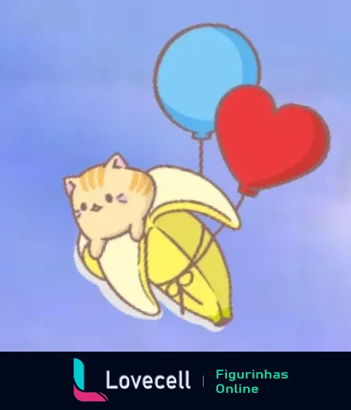 Desenho de um gato laranja dentro de uma casca de banana voando com balões azul e vermelho em um fundo azul claro.