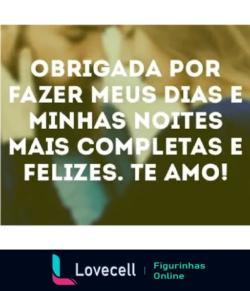 Figurinha de WhatsApp com casal desfocado ao fundo e texto 'Obrigada por fazer meus dias e minhas noites mais completas e felizes. Te amo!', expressando gratidão e amor profundo.