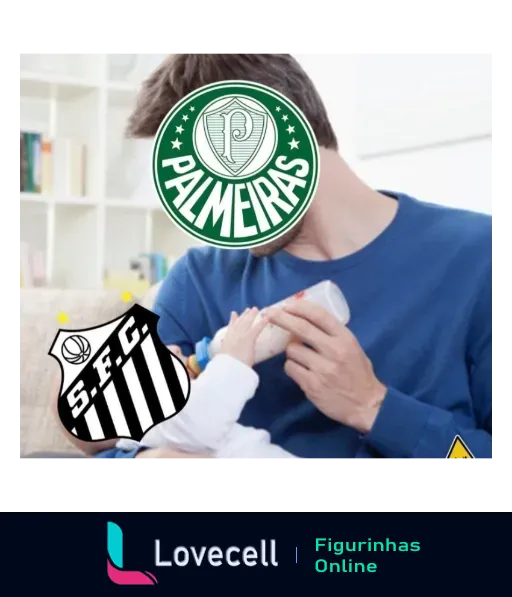 Figurinha de pai palmeirense alimentando bebê com mamadeira do Santos, representando a rivalidade entre Palmeiras e Santos