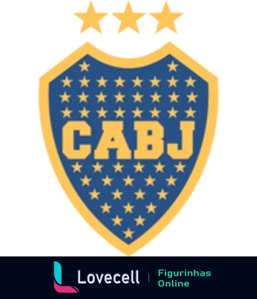 Escudo do Boca Juniors com fundo azul e faixa amarela com as letras 'CABJ', ornamentado com estrelas simbolizando conquistas do clube