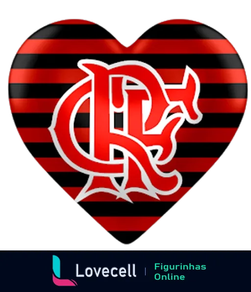 Figurinha do WhatsApp de um coração estilizado em 3D com listras vermelhas e pretas e o logotipo do Flamengo no centro